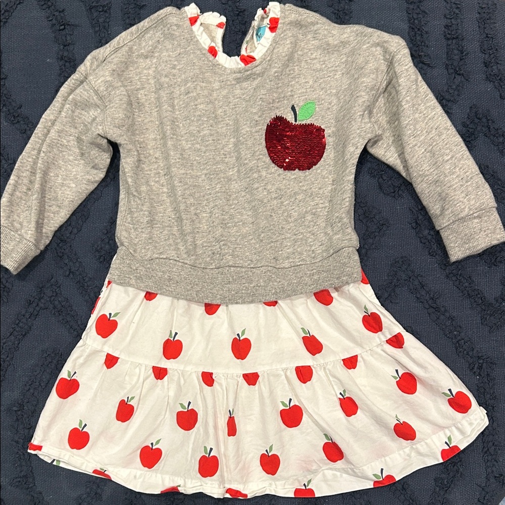 Mini Boden Grey Sweater Dress with Red Apple Motif